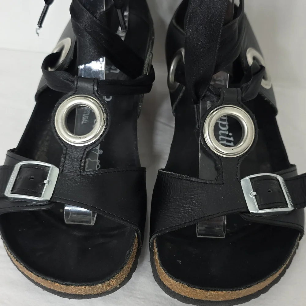 Papillio Birkenstock Black Emmy Leather Ankle Tie Strap Wedge Sandals Size 37‎